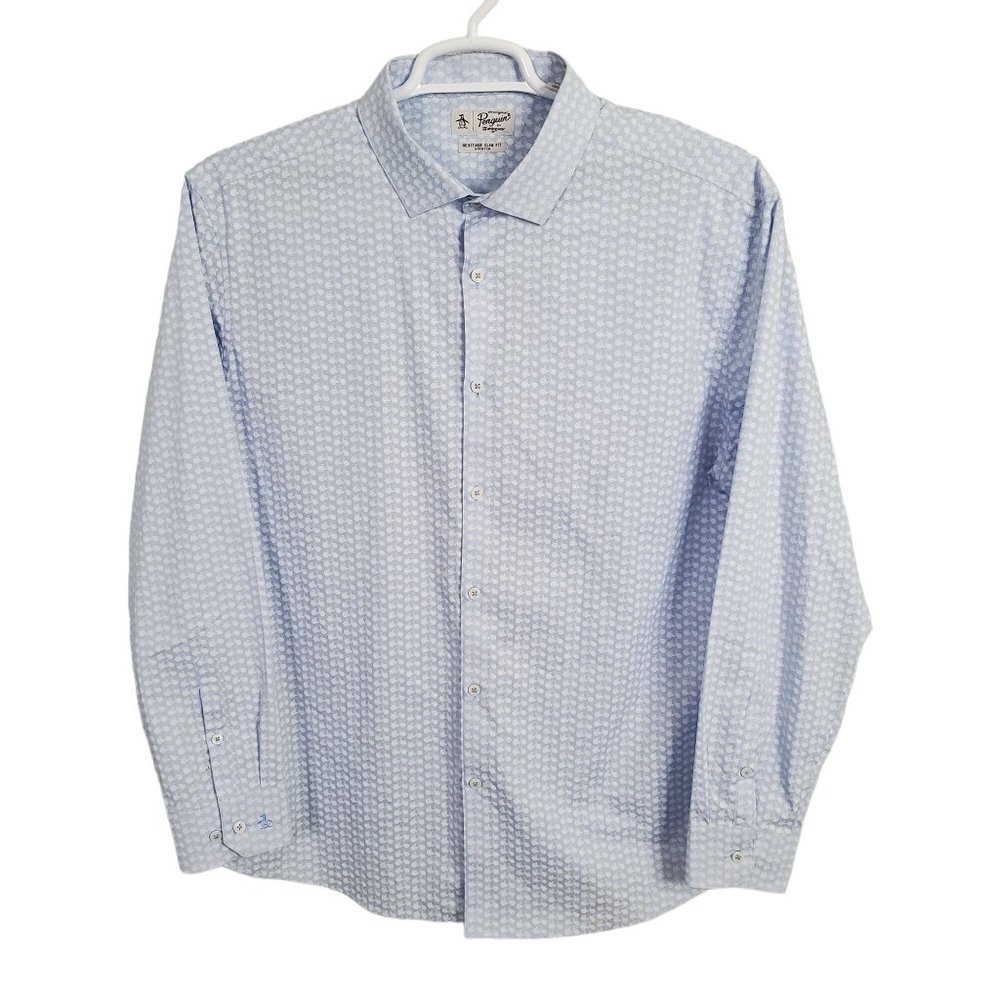 Original Penguin Size XL 17.5 Shirt Heritage Slim Fit Stretch Cotton Bike Print - Picture 2 of 11